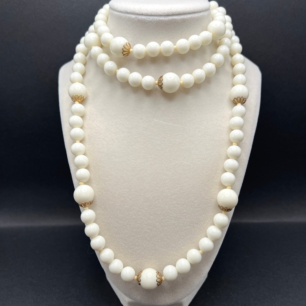 Vintage Beaded Necklace White Lucite Gold Tone Filigree Caps Long 46"
